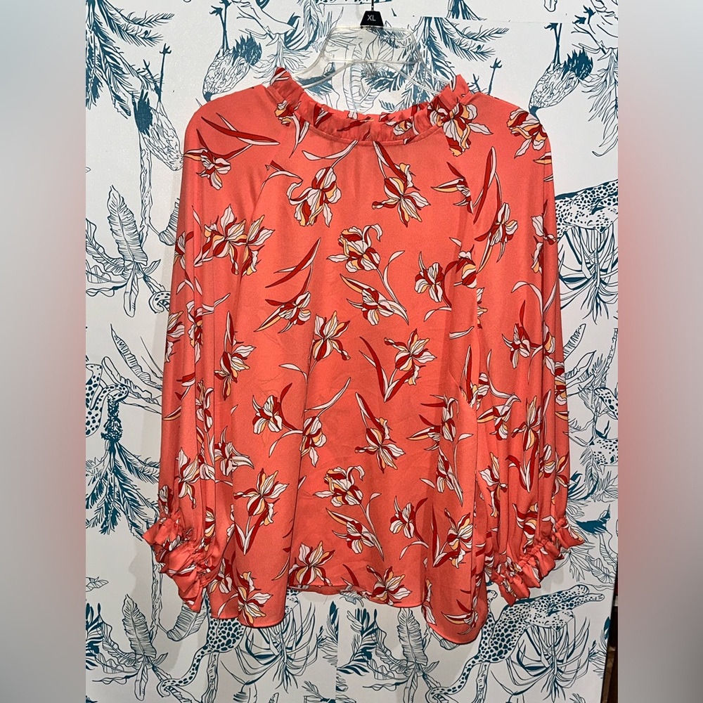 Worthington Coral Floral Ruffle-Neck Blouse